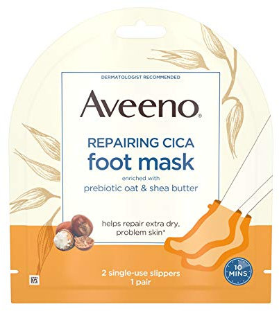 Aveeno Maschera riparatrice per piedi Cica con avena prebiotica e burro di karité, maschera idratante per i piedi per pelli extra secche, 1 paio di pantofole monouso