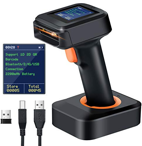 Tera 2D HW006 Barcode-Scanner, kabellos, QR-Code-Scanner mit Bluetooth, Zeitanzeige, Bildschirm, Batteriestandsanzeige Ladestation, Patentnummer 90078251950003