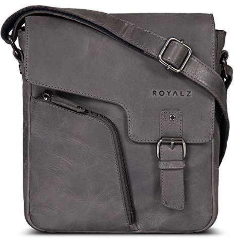 ROYALZ Moderne Vintage Umhängetasche Herren klein Leder 'Denver' kleine Ledertasche Echtleder Herrentasche zum Umhängen Schultertasche für Alltag Freizeit Arbeit, Farbe:Navy Grau