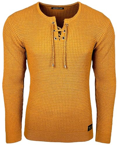Subliminal Mode Maglione Uomo in Maglia con Scollo a V con Laccio - Stile Basic - Vestibilità Aderente - Pullover Lavorato a Maglia Invernale a Maniche Lunghe - Idea Regalo BX52132, marrone, XXL
