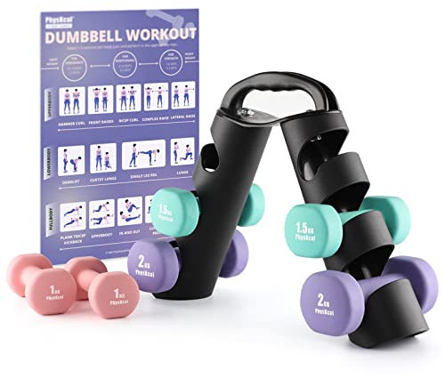 PhysKcal Dumbbells Set with Carry Stand, 2 x 1kg, 2 x 1.5kg, 2 x 2kg, Neoprene Coating Soft Grip Arm Weights for Women, Hand Weights Set for Ladies, Kids, Beginners