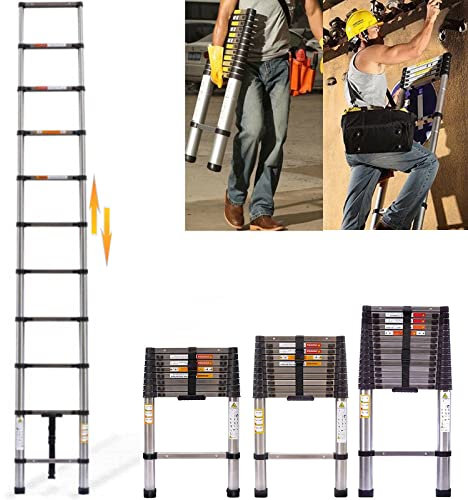 Escalera telescópica, Escalera Extensible, Escalera Plegable, Escalera de pie, Escalera extractora, Escalera Multiusos, 9 peldaños de 72 cm hasta 2,60 m, Escalera doméstica de 150kg de Carga (2,6 m)