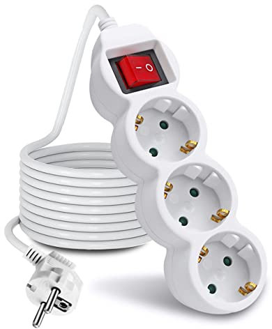 ExtraStar Steckdosenleiste 3-Fach Mehrfachsteckdose mit Save Energy Schalter zum Stromsparen, Kabel 5m, Kindersicherung16A, 3680W, weiß