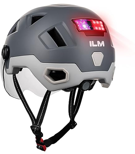 ILM Casco Patinete Electrico Adulto Casco Bicicleta Homologado NTA-8776 CPSC CE con Luz LED Intermitentes & Freno con Visera para Hombre Mujer Modelo E3-12LS,Gris,L/XL