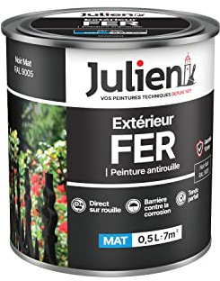 Julien Peinture Fer Anti-Rouille Mat - Portes, grilles, portails, mobilier de jardin en métal - Noir Mat 0,5 L