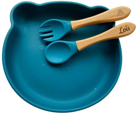 Ensemble repas personnalisé pour enfant : assiette à ventouse, couverts assortis - idéal pour bapteme et naissance - cadeau unique pour bébé - kit coffret diner en couleur bleu, un présent pratique.
