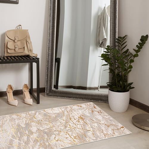 Mazovia Teppich Läufer Flur - Modern Teppichläufer – Kurzflor, Weich - für Vorzimmer Eingangsbereich Schlafzimmer Küche Korridor - Abstrakt Muster 100 cm Breite - Beige Creme mit Gold 100 x 250 cm