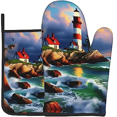Lighthouse Diamond Painting Print Oven Mitts and Pot Holders Sets of 2,Resistant Hot Pads with Non-Slip Gloves for Kitchen,Cooking