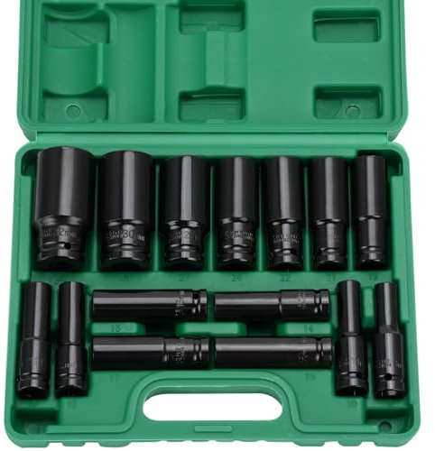 Sexyhot 15 pcs 1/2 Douille a Choc, 8-32mm Coffret Douilles Longue Douille, Adaptateurs de Clé, Réparation de Voitures, Remplacement de Pneus, Réparation d'Appareils Électroménagers(27 * 22 * 6cm)