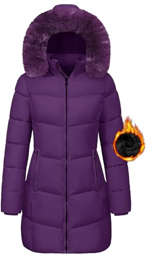 Tuopuda Winterjacke Damen Lang Wintermäntel Damen Warm Winter Slim Fit Jacke Mantel Fleece Gefüttert Daunenmantel Parka Steppmantel Winterparka Outdoorjacke mit Kapuze Übergangsjacke, Lila, L