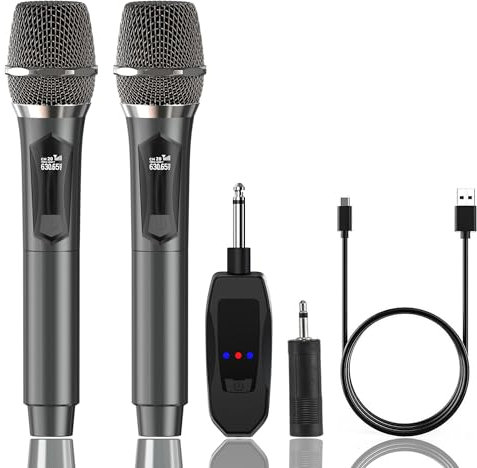 Microphone Wireless, Dual Handheld Cordless Microphone System with Rechargeable Receiver, 50H Duration, 200ft Range, Karaoke Microphones for Singing, Wedding, DJ, Party, Speech, YouTube (Grey)