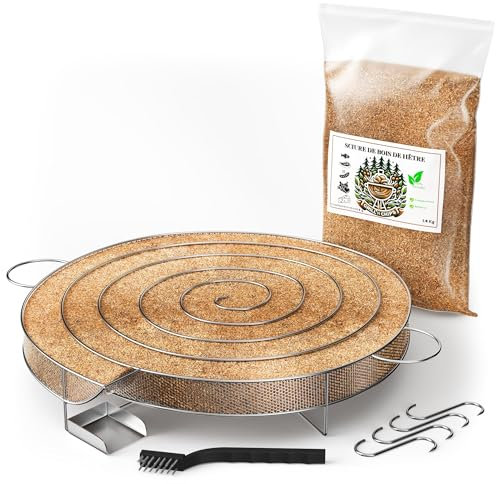 Kaltrauchgenerator (30 cm)/ Räucherschnecke für Räucherofen + 1,2 kg Räuchermehl Buche + 4 Fleischhaken & Reinigungsbürste – Edelstahl-Spirale für Fleisch, Fisch, Wurst – Inkl. PDF-Ratgeber (Gratis)