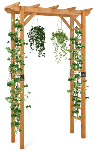 RELAX4LIFE 2,2M Arche de Jardin en Bois avec Treillis pour Plantes Grimpantes & Rosiers & Vignes, Pergola d'escalade pour Décoration Pelouse Arrière-Cour(140x60x215 cm)