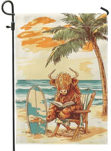 Bandera de jardín de vaca de las tierras altas, palmeras naranjas, pancarta de decoración de playa, arpillera de doble cara, decoración del hogar de verano, bandera de césped de animales de lectura al
