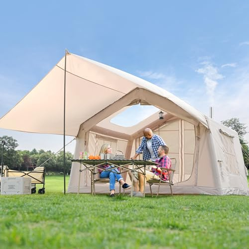MOPHOTO Inflatable Tents for Camping, Large Blow Up Tent with Hand Pump, Easy Setup Family Tent 4 Season Tent, Waterproof Oxford Air Glamping Tents 4/6 Person(With a Canopy)