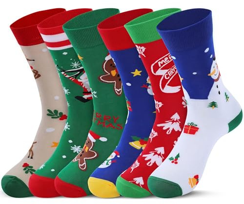 KONVINIT Chaussettes Noël Homme Femme - 6 Paires Christmas Socks Taille 37-44, Motifs Père Noël, Sapin, Flocons -Designs Festifs Cadeau