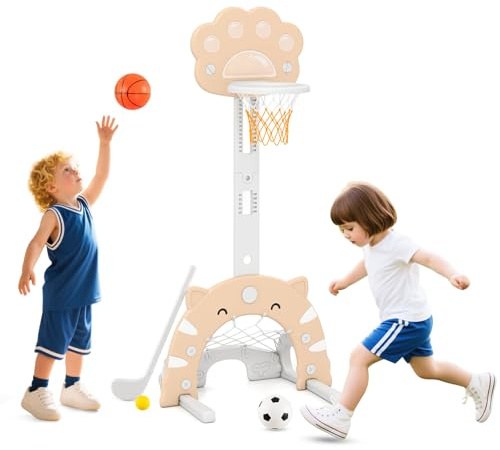 GOPLUS 3 en 1 Panier Basket Enfant avec Jeu de Football et Golf, Jeux de Basket pour Garçons Filles 3+ Ans, Hauteur Réglable de 90-130 CM, Utilisation Intérieure, Inclus Basketball, Football (Rose)