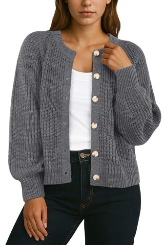 GRECERELLE Cardigan Femme Manches Longues Cardigans Épais Élégant Cardigan Décontracté Devant Ouvert Pull Col Rond Pull Oversize Manteau Tricoté Pullover Décontracté avec Boutons, Automne, Hiver, gris
