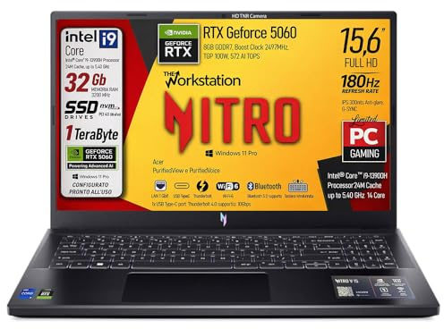 Acer Notebook Gaming Nitro, Intel Core i9-13900H, fino a 5,4GHz, NVIDIA GeForce RTX 5060 8Gb GDDR7, RAM 32Gb, SSD 1Tb, 15.6 FHD IPS 180Hz, Wi-Fi 6e, Thunderbolt 4.0, ready to use