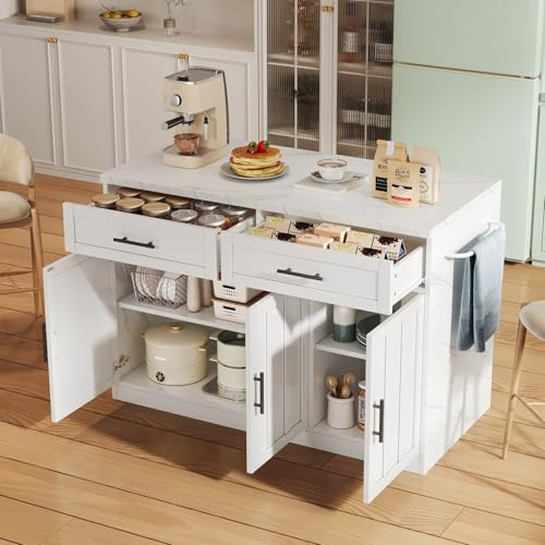 EURHCIO Ilot Central Cuisine 120x60x91cm,Meuble Cuisine Rangement,Buffet avec Plan de Travail,2 Tiroirs,Armoires,étagères Réglables,Porte-Serviettes,pour Appartement (Blanc)