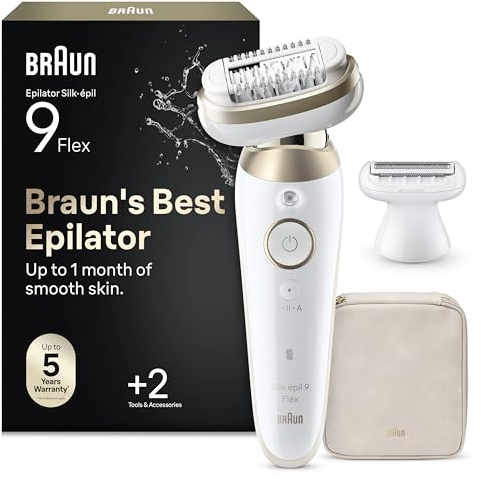 Braun Silk Epil 9 Flex Epilatore Elettrico Donna con Testina Flessibile 360° Per Epilazione Semplice e Pelle Liscia, Rasoio Elettrico Donna, Wet&Dry, Testina Radente, Cappuccio Regolatore,9-041 3D,Oro