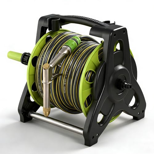 DKIEI Garden Hose Reel With 20M Hosepipe & Adjustable Spray Nozzle Gun, Portable Hose Pipe Reel Retractable And Rewind For Patio & Car Cleaning, Hose Holder Garden Accessories For Lawn Watering, Green