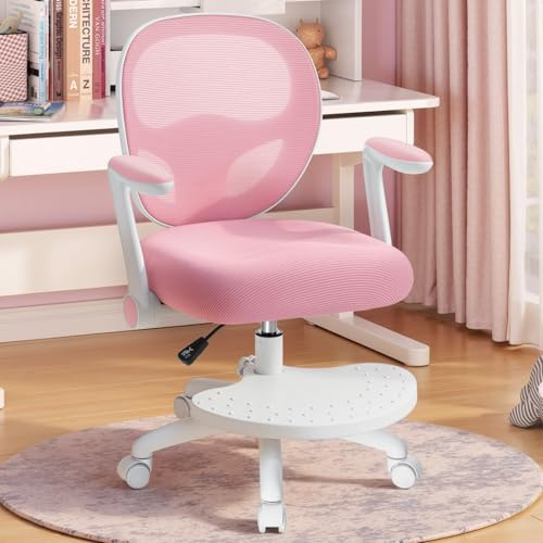 HOFFREE Sedia da scrivania per bambini, ergonomica, con bracciolo pieghevole e poggiapiedi, girevole, adatta per ragazze e ragazzi, a rete, per camera da letto, libri, rosa