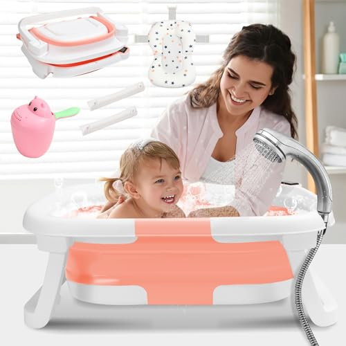 Daromigo Bañera plegable para bebé, con termómetro, con cojín suave, soporte antideslizante, ahorra espacio, para recién nacidos, meses, color rosa