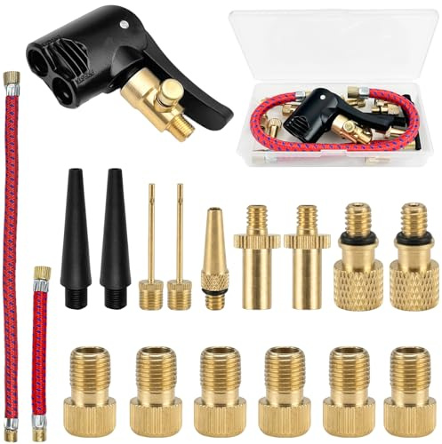 CiShow 15-piece Bicycle Valve Adapter Set, Auto Valve Adapter, French Valve Adapter, Pump Valve Adapter, Air Pump, Ball Pin and Pump Valve Adapter, Red Hose 11cm + 25cm