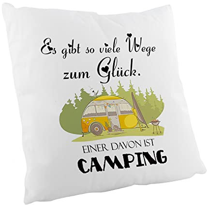 Crealuxe Kissen Es gibt viele Wege zum Glück, Einer Davon ist Camping - 40x40cm - Flauschiges Zierkissen, Sofakissen, Bedrucktes Kissen, Baumwollkissen