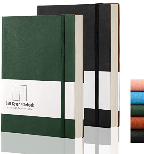 AHGXG Dotted Grid Journal 2 Pack - A5 Dot Grid Notebook Softcover, Medium 5.75'' × 8.38'', 320 Numbered Pages, 120gsm Thick Dotted Paper, Soft Leather Cover (Black Green)