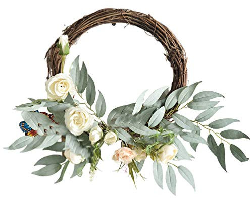 PRETYZOOM Artificial Rose Wreath Spring Summer Rattan Garland Front Door Wreath Decorative for Home Indoor Outdoor Wedding Wall Hanging Ornament (Green)