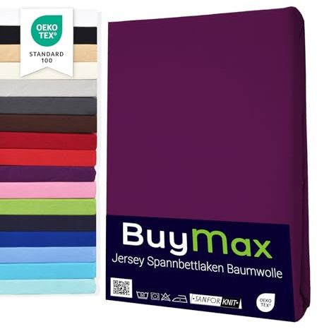 Buymax® Spannbettlaken 180x200cm Baumwolle 100% Spannbetttuch Bettlaken Jersey, Matratzenhöhe bis 25 cm, Farbe Aubergine