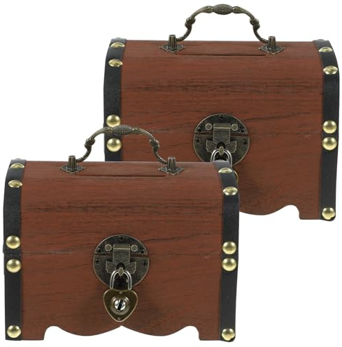 DOITOOL Vintage Treasure Chest with Lock and Key Small Wooden Piggy Bank Organizer Jewelry Storage Box for Home Office Decorative Saving Case 5.70X4.13X3.93In