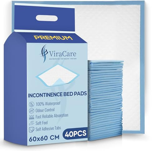 40 x Premium Incontinence Bed Pads | 60 x 60 cm | Incontinence Bed Sheets | Disposable Mattress Protector | Self Adhesive Tabs | Absorbent Pads | (1 Pack of 40)