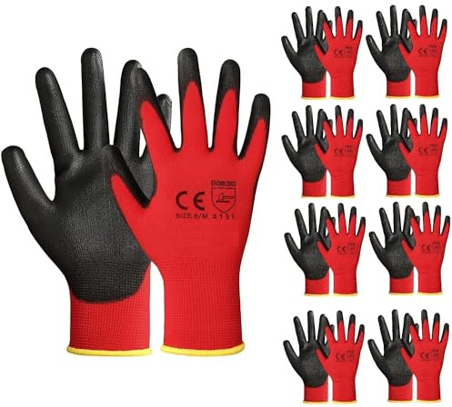 A406 24 Pair Red Nitrile Coated Work Gloves - Medium, Ideal for Gardening, Construction & Warehouse Use