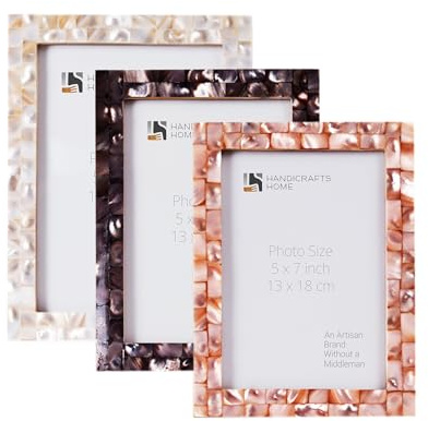 Handicrafts Home 5x7 Picture Frames Set of 3, Made Mother of Pearl, Covered by Plexiglass Display 5x7 Pictures, for Table Top Display and Wall Mounting Photo Frame, White