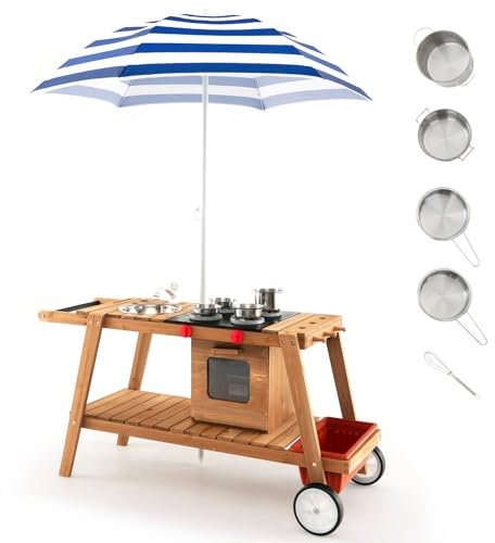 COSTWAY Chariot de Cuisine Extérieur pour Enfants avec Parasol Amovible, Cuisine Enfants en Bois avec Accessoires Sucrés, Cuisinière d'Imitation pour Tout-Petits de 3 Ans+ (avec Parasol Bleu)…