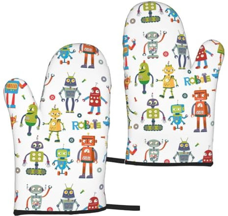 Wurton Hitzebeständige Mikrowellen-Handschuhe mit niedlichem Cartoon-Roboter-Druck, für Küche, Backen, Kochen, Grillen, Grillen, 15 x 27 cm
