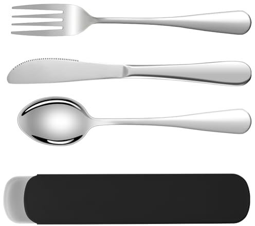 Juego de cubiertos HOTUT con estuche portátil, 3 piezas de cubiertos de camping, juego de cubiertos de acero inoxidable para camping con cuchillo, tenedor y cuchara, utensilios portátiles para viajes