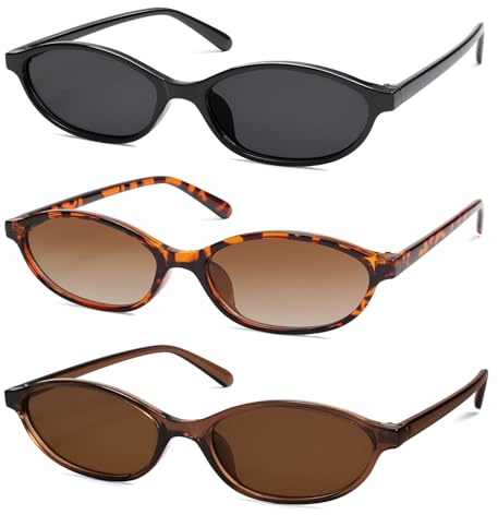 HERJOUR Gafas de sol retro ovaladas de ojo de gato para mujer, Y2K, modernas, estrechas, gafas de sol de diseño AR82253, 0 Negro/Gris+Tortuga/Marrón Degradado+Marrón Claro/Marrón, Medium