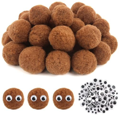 TOAOB 50 Piezas Pompones Grandes y Esponjosos de 5 cm Bolas de Fieltro Marrón Claro con Ojos Móviles Negros Para Decoraciones Manualidades Creativas y Decoraciones Bricolaje