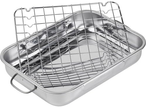 Space Home - Teglia da Forno Rettangolare con Griglia in Acciaio inossidabile - Teglia Lasagna - Rostiera Forno Rettangolare in Acciaio Inox - Stampo per Forno - Vassoio da Forno - 35 cm