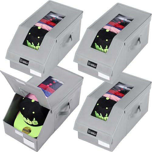 VAESIDA 4 Pack Stackable Hat Storage for Baseball Caps, Clear Hat Storage Box with Cardboard, Holds up to 56 Caps, Baseball Cap Organiser for Wardrobe/Shelf, Hat Box Holder for Baseball Hats & Caps