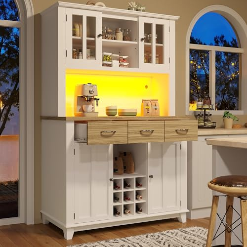 boorbin Armadio da cucina alto con piano di lavoro, credenza con 6 ripiani e illuminazione LED, effetto legno, buffet, vetrina, per cucina, soggiorno, sala da pranzo (colori legno e bianco)