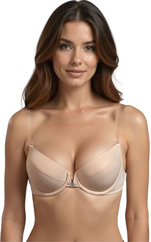 Vivisence Donna Reggiseno con Spalline Trasparenti Push Up Invisibile Schiena Nuda Reggiseni con Bretelle Trasparente Dietro, Beige,3C