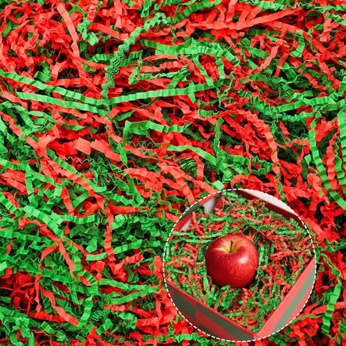 200 g Virutas de Papel Para Relleno，Papel Relleno Cajas Regalo, Relleno Cajas Regalo，Material de Relleno para Paquetes， Ofrece Buena Protección y Decoración Para Regalos (Rojo y verde)