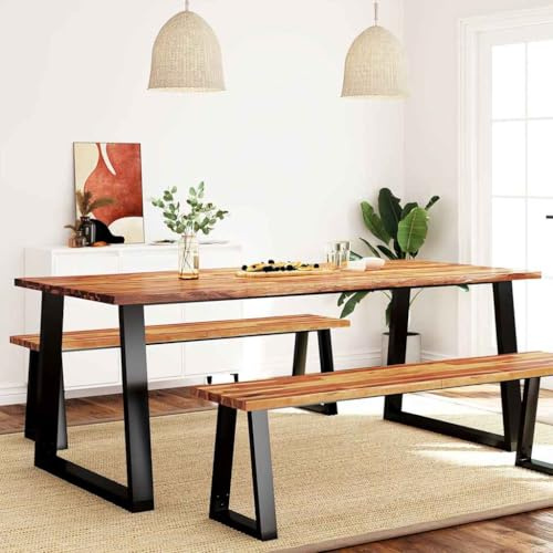Frdhee Mesa de centro para comedor, mesa de comedor con borde de árbol, 200 x 90 x 75 cm, madera maciza de acacia, mesas de jardín para interiores y exteriores