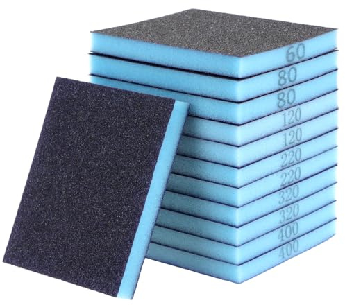 QWORK® 12 Pezzi spugne abrasive levigatura a secco e a umido, grana 60/80/120/220/320/400, carta abrasiva riutilizzabili, per legno e metallo
