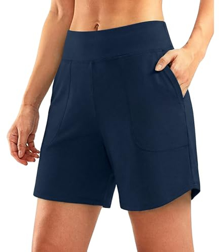Demegimi Women's High Waisted Sports Shorts with Pockets Tummy Control Yoga Shorts Athletic Running Workout Gym Shorts Casual Summer Lounge Bottoms Navy Blue